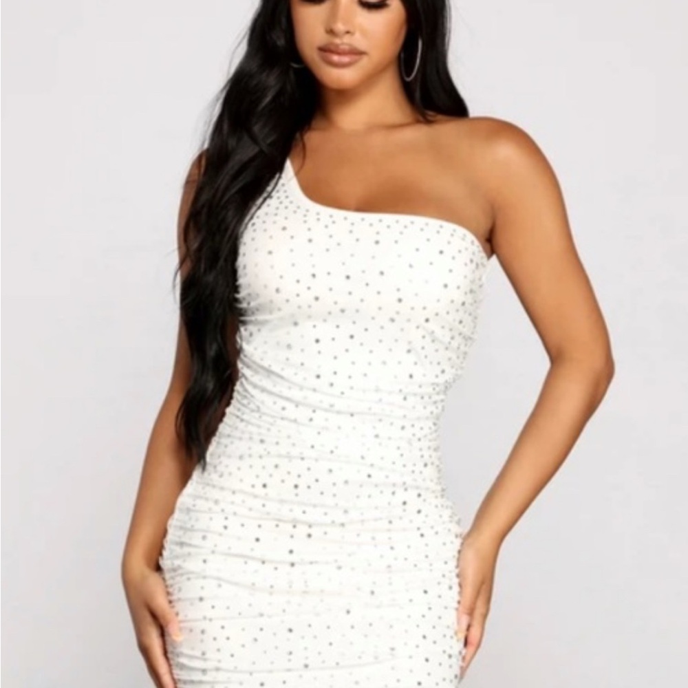 Windsor White One-Shoulder Dress with Silver Accents